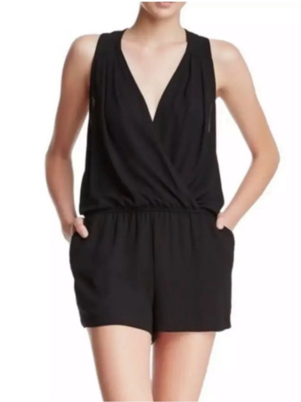 BCBGMaxAzria Black Romper Small With Pockets EUC Minimal Chic
